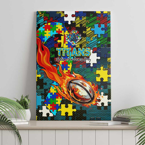 Titans Autism Awareness Canvas Wall Art Puzzle Flames Rugby Ball