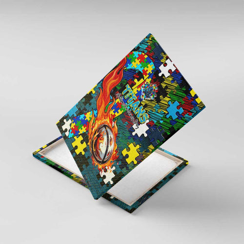 Titans Autism Awareness Canvas Wall Art Puzzle Flames Rugby Ball