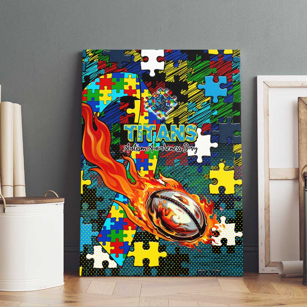 Titans Autism Awareness Canvas Wall Art Puzzle Flames Rugby Ball