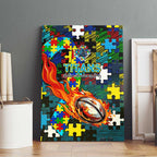 Titans Autism Awareness Canvas Wall Art Puzzle Flames Rugby Ball