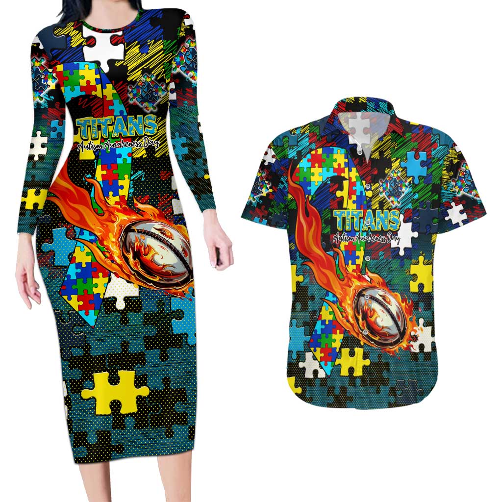 Titans Autism Awareness Couples Matching Long Sleeve Bodycon Dress and Hawaiian Shirt Puzzle Flames Rugby Ball