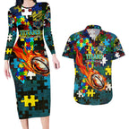 Titans Autism Awareness Couples Matching Long Sleeve Bodycon Dress and Hawaiian Shirt Puzzle Flames Rugby Ball