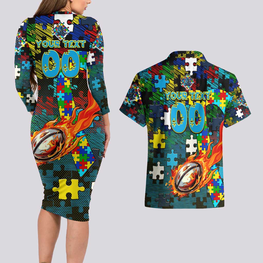 Titans Autism Awareness Couples Matching Long Sleeve Bodycon Dress and Hawaiian Shirt Puzzle Flames Rugby Ball