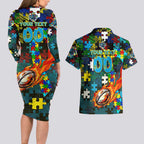 Titans Autism Awareness Couples Matching Long Sleeve Bodycon Dress and Hawaiian Shirt Puzzle Flames Rugby Ball