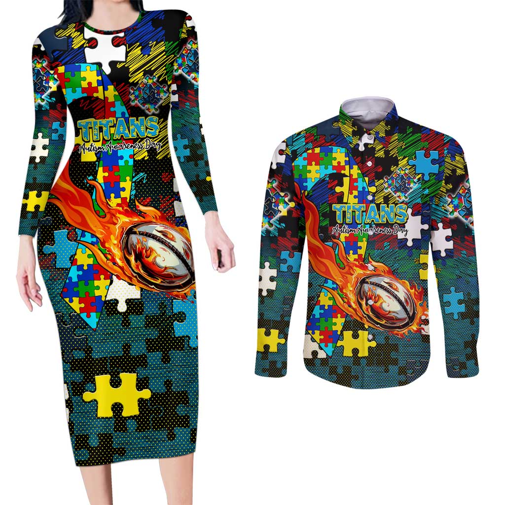 Titans Autism Awareness Couples Matching Long Sleeve Bodycon Dress and Long Sleeve Button Shirt Puzzle Flames Rugby Ball
