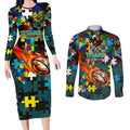 Titans Autism Awareness Couples Matching Long Sleeve Bodycon Dress and Long Sleeve Button Shirt Puzzle Flames Rugby Ball