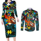 Titans Autism Awareness Couples Matching Long Sleeve Bodycon Dress and Long Sleeve Button Shirt Puzzle Flames Rugby Ball
