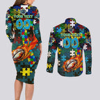 Titans Autism Awareness Couples Matching Long Sleeve Bodycon Dress and Long Sleeve Button Shirt Puzzle Flames Rugby Ball