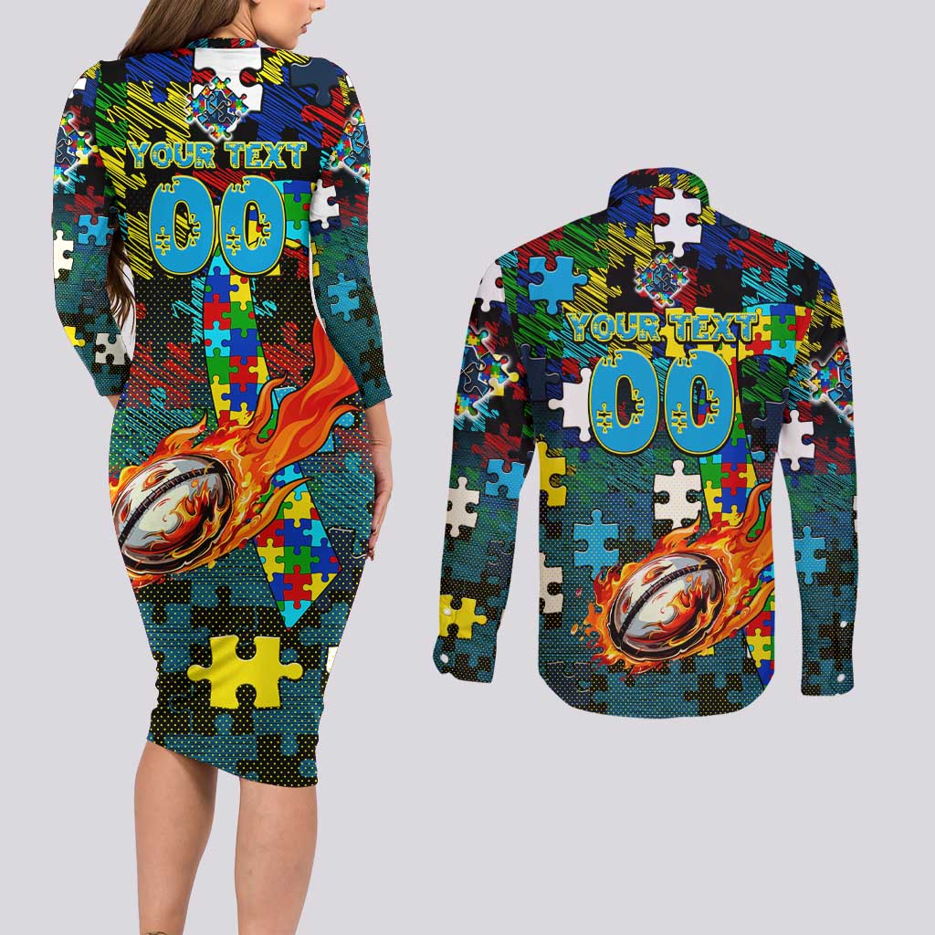 Titans Autism Awareness Couples Matching Long Sleeve Bodycon Dress and Long Sleeve Button Shirt Puzzle Flames Rugby Ball
