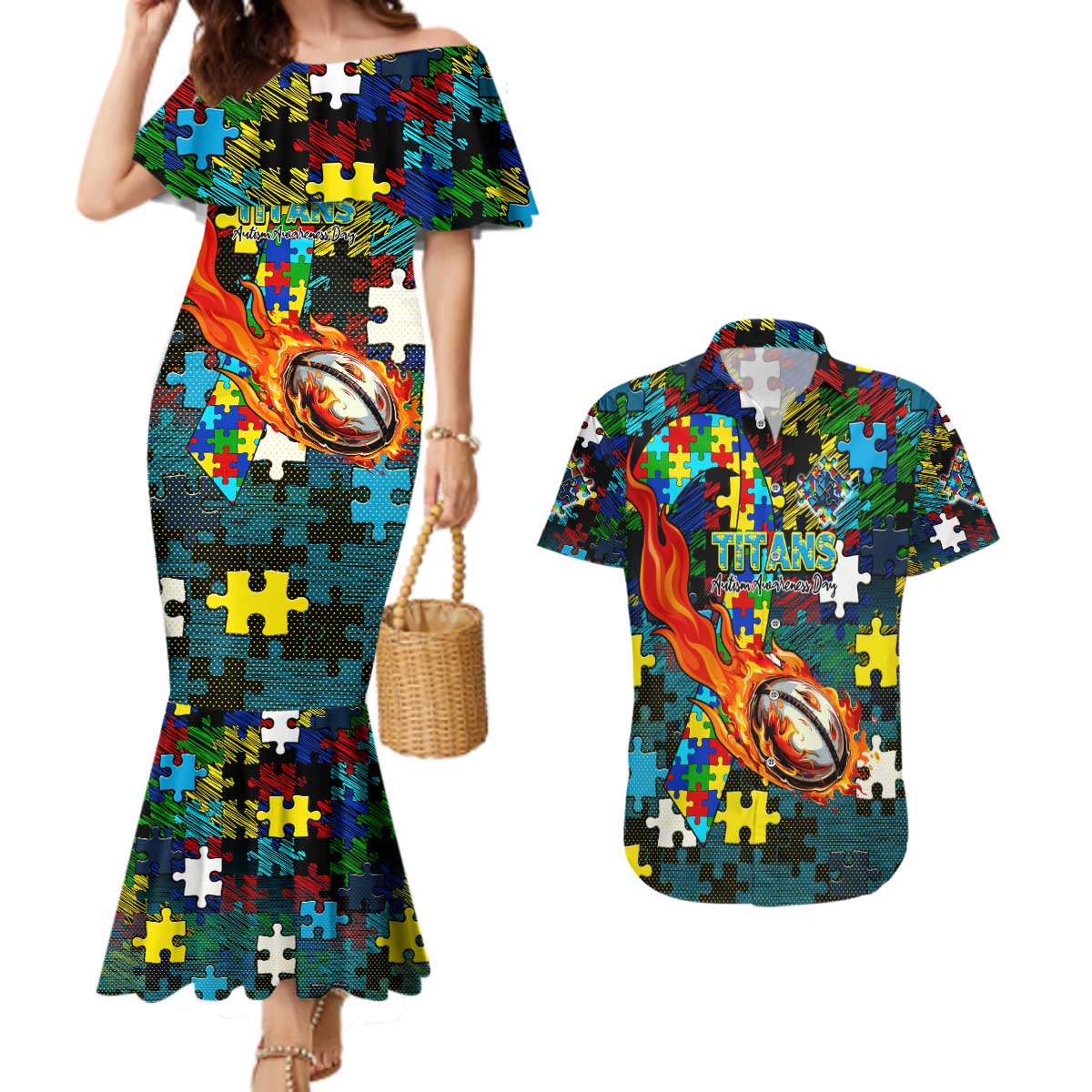 Titans Autism Awareness Couples Matching Mermaid Dress and Hawaiian Shirt Puzzle Flames Rugby Ball