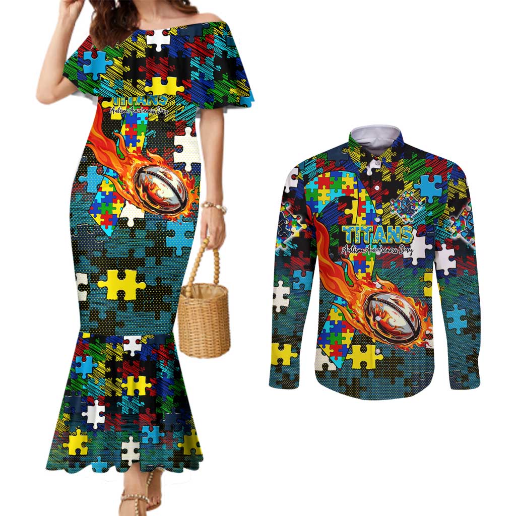 Titans Autism Awareness Couples Matching Mermaid Dress and Long Sleeve Button Shirt Puzzle Flames Rugby Ball