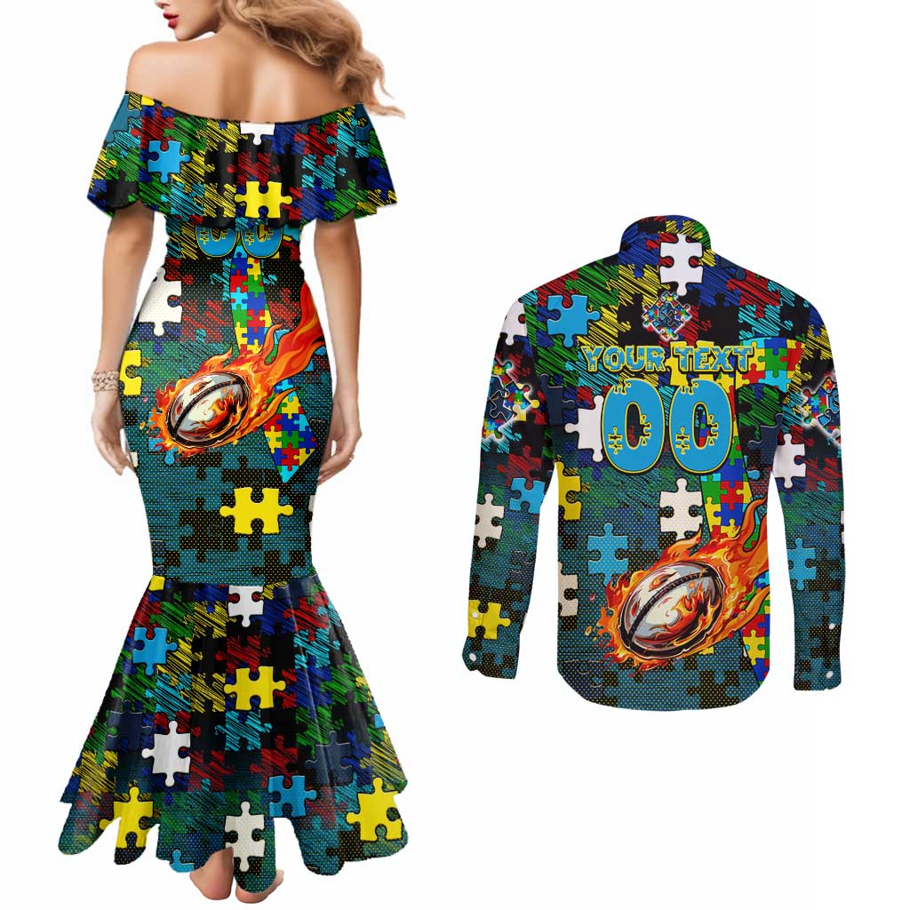 Titans Autism Awareness Couples Matching Mermaid Dress and Long Sleeve Button Shirt Puzzle Flames Rugby Ball