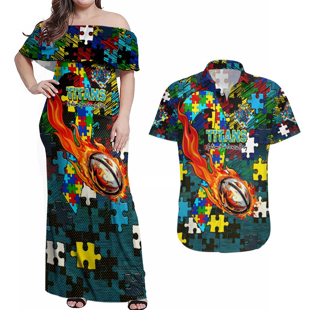 Titans Autism Awareness Couples Matching Off Shoulder Maxi Dress and Hawaiian Shirt Puzzle Flames Rugby Ball