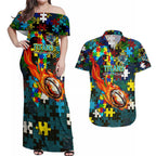 Titans Autism Awareness Couples Matching Off Shoulder Maxi Dress and Hawaiian Shirt Puzzle Flames Rugby Ball