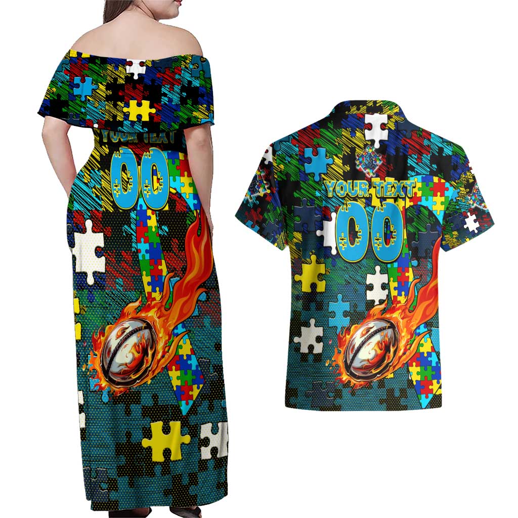Titans Autism Awareness Couples Matching Off Shoulder Maxi Dress and Hawaiian Shirt Puzzle Flames Rugby Ball