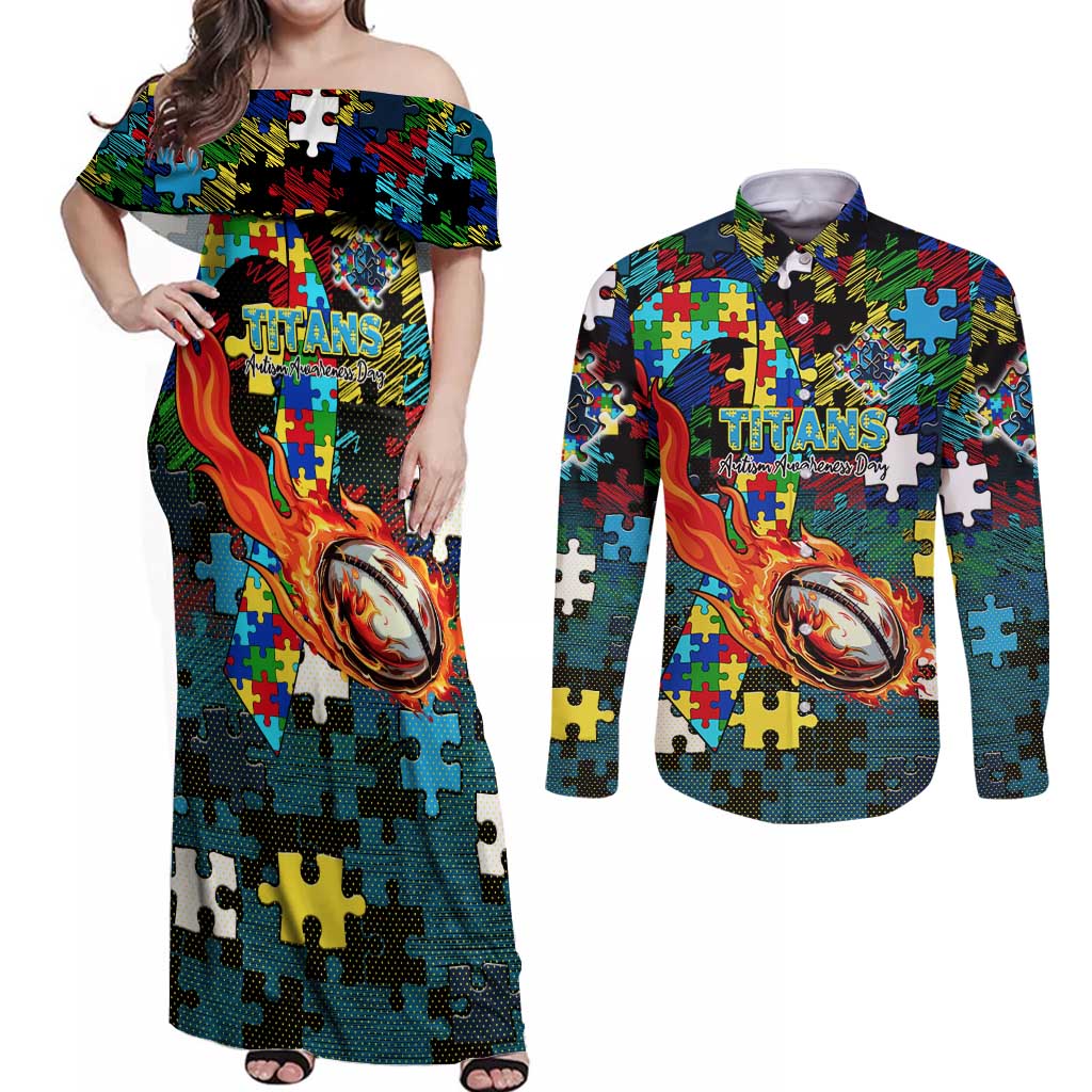 Titans Autism Awareness Couples Matching Off Shoulder Maxi Dress and Long Sleeve Button Shirt Puzzle Flames Rugby Ball