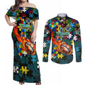 Titans Autism Awareness Couples Matching Off Shoulder Maxi Dress and Long Sleeve Button Shirt Puzzle Flames Rugby Ball