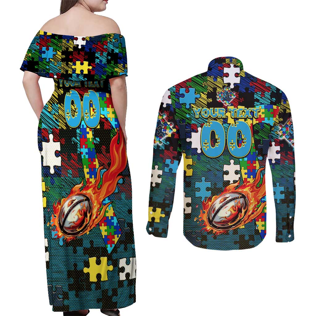 Titans Autism Awareness Couples Matching Off Shoulder Maxi Dress and Long Sleeve Button Shirt Puzzle Flames Rugby Ball