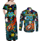 Titans Autism Awareness Couples Matching Off Shoulder Maxi Dress and Long Sleeve Button Shirt Puzzle Flames Rugby Ball