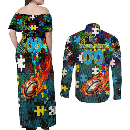 Titans Autism Awareness Couples Matching Off Shoulder Maxi Dress and Long Sleeve Button Shirt Puzzle Flames Rugby Ball