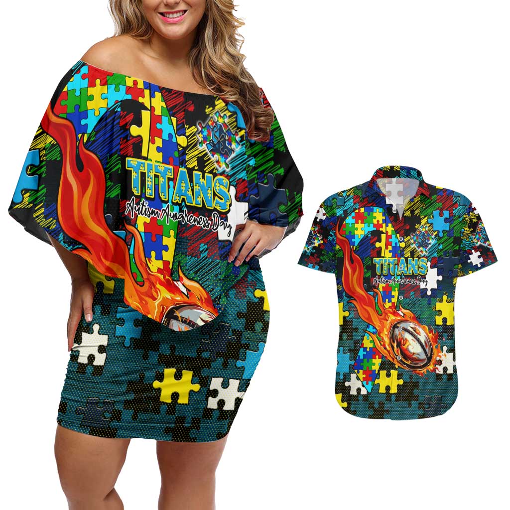 Titans Autism Awareness Couples Matching Off Shoulder Short Dress and Hawaiian Shirt Puzzle Flames Rugby Ball