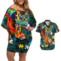 Titans Autism Awareness Couples Matching Off Shoulder Short Dress and Hawaiian Shirt Puzzle Flames Rugby Ball