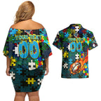 Titans Autism Awareness Couples Matching Off Shoulder Short Dress and Hawaiian Shirt Puzzle Flames Rugby Ball