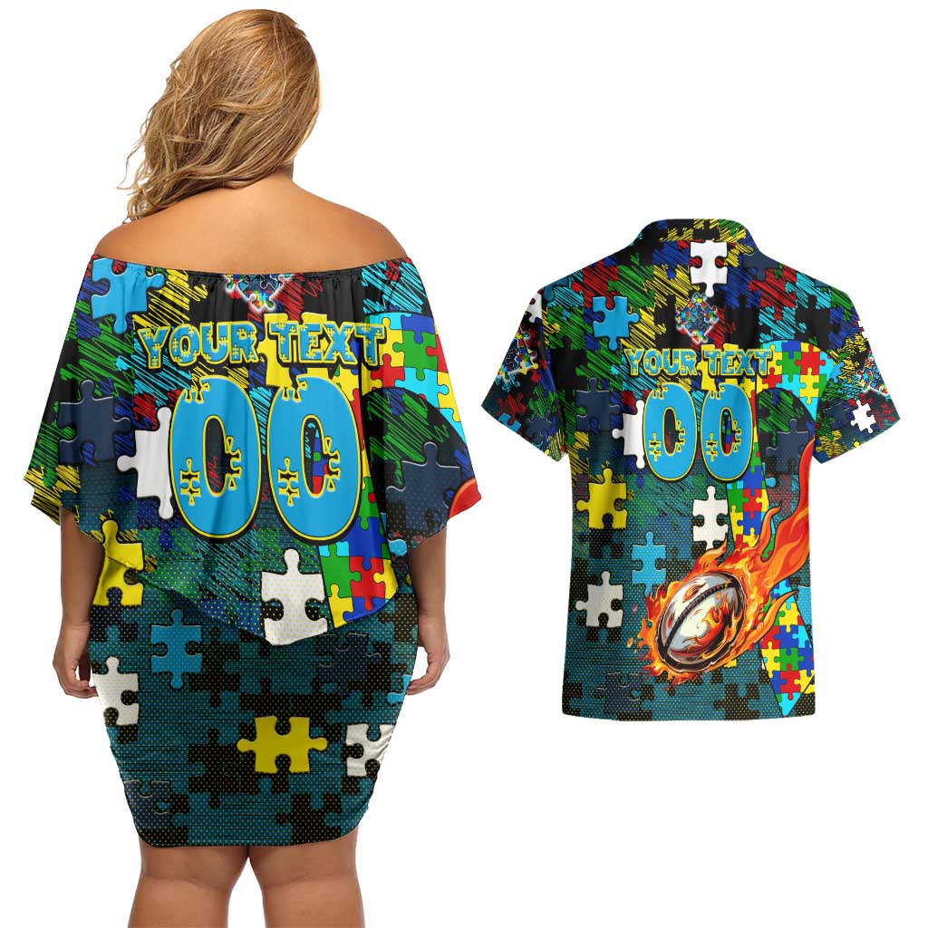 Titans Autism Awareness Couples Matching Off Shoulder Short Dress and Hawaiian Shirt Puzzle Flames Rugby Ball