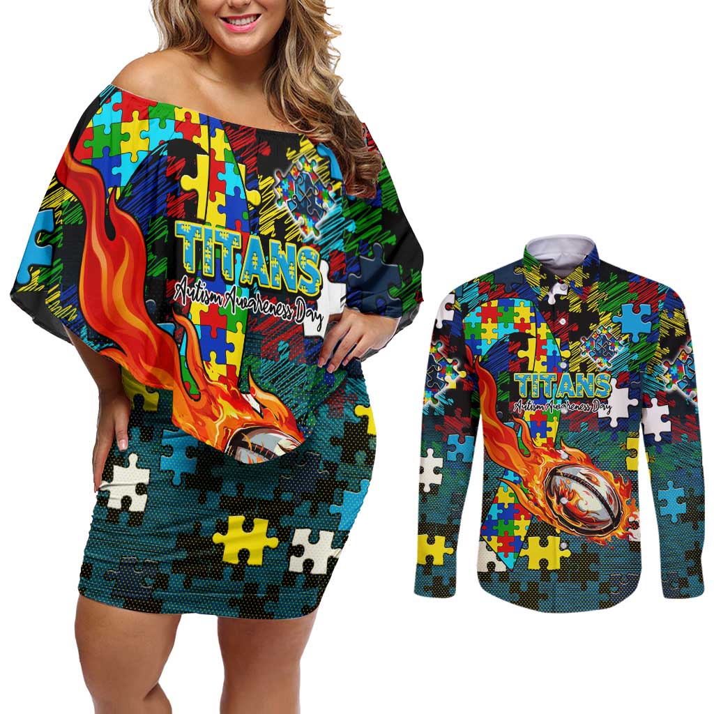 Titans Autism Awareness Couples Matching Off Shoulder Short Dress and Long Sleeve Button Shirt Puzzle Flames Rugby Ball
