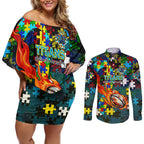 Titans Autism Awareness Couples Matching Off Shoulder Short Dress and Long Sleeve Button Shirt Puzzle Flames Rugby Ball