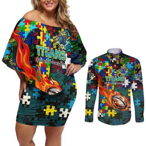 Titans Autism Awareness Couples Matching Off Shoulder Short Dress and Long Sleeve Button Shirt Puzzle Flames Rugby Ball