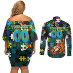 Titans Autism Awareness Couples Matching Off Shoulder Short Dress and Long Sleeve Button Shirt Puzzle Flames Rugby Ball