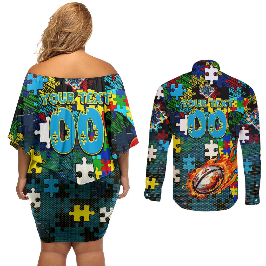 Titans Autism Awareness Couples Matching Off Shoulder Short Dress and Long Sleeve Button Shirt Puzzle Flames Rugby Ball