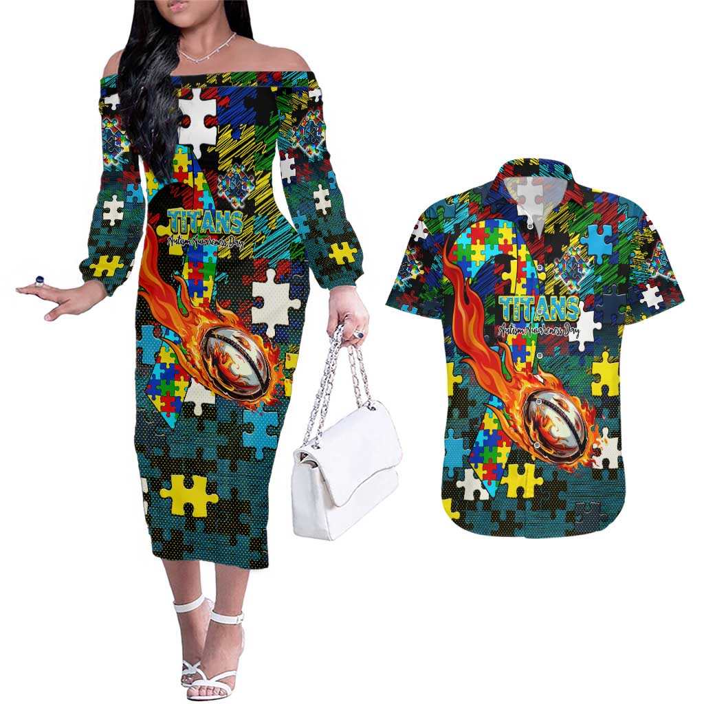 Titans Autism Awareness Couples Matching Off The Shoulder Long Sleeve Dress and Hawaiian Shirt Puzzle Flames Rugby Ball