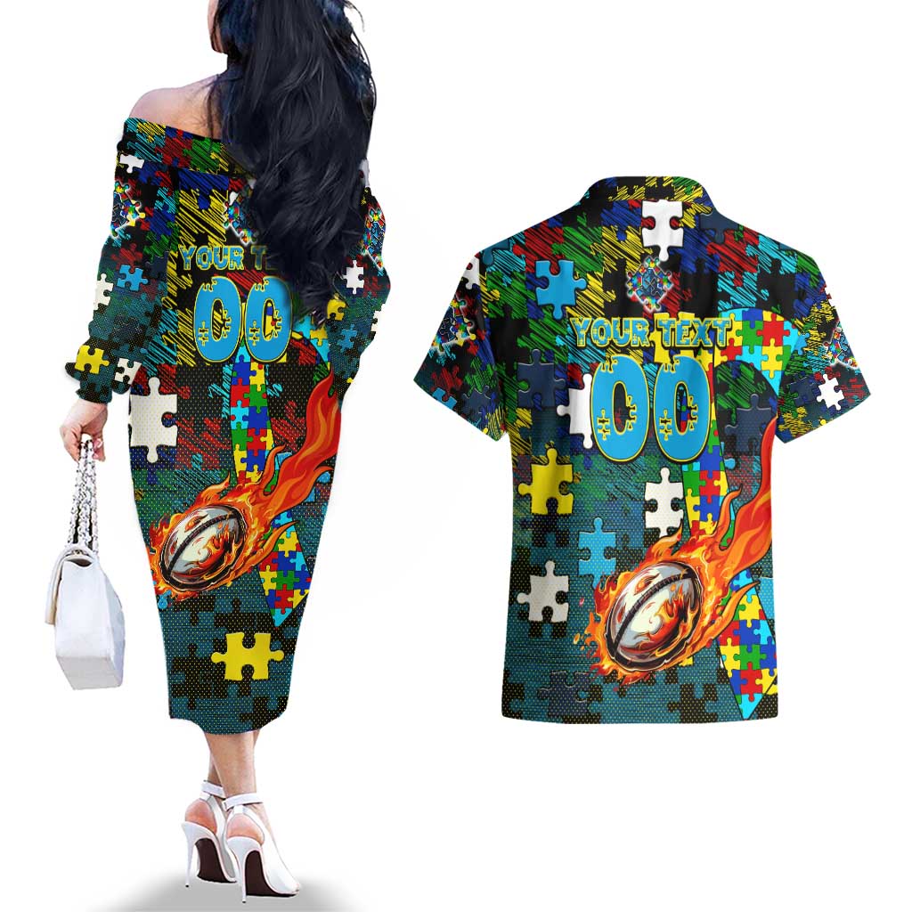 Titans Autism Awareness Couples Matching Off The Shoulder Long Sleeve Dress and Hawaiian Shirt Puzzle Flames Rugby Ball