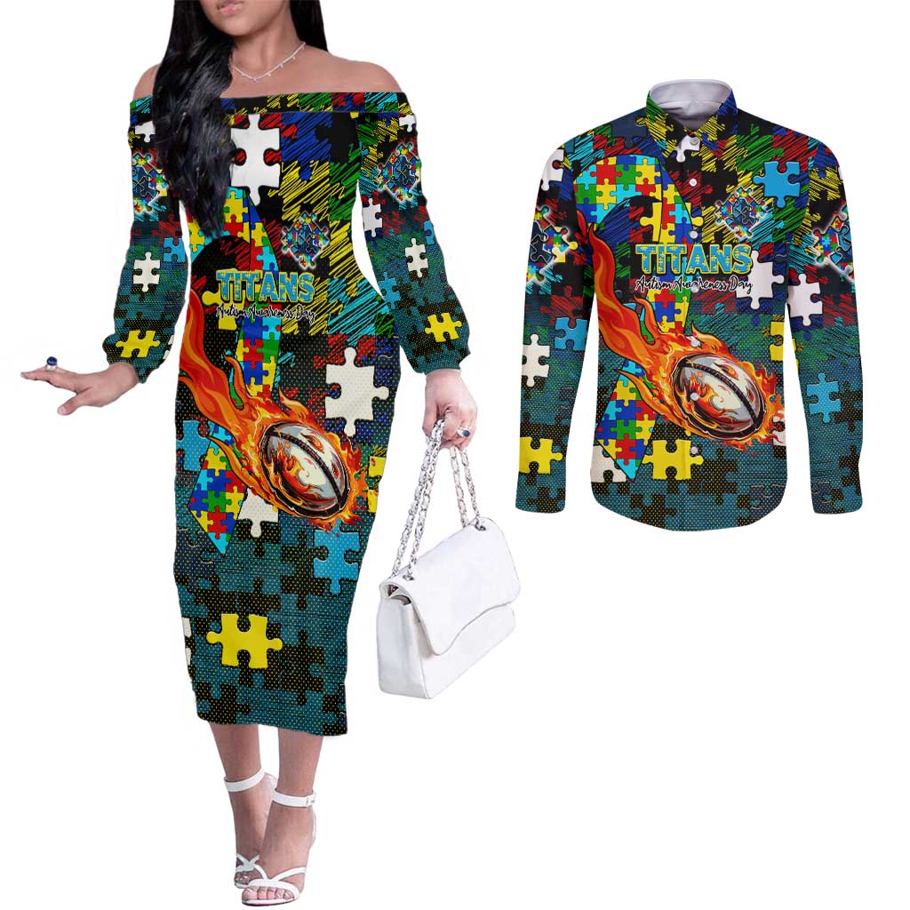 Titans Autism Awareness Couples Matching Off The Shoulder Long Sleeve Dress and Long Sleeve Button Shirt Puzzle Flames Rugby Ball