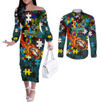 Titans Autism Awareness Couples Matching Off The Shoulder Long Sleeve Dress and Long Sleeve Button Shirt Puzzle Flames Rugby Ball