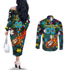 Titans Autism Awareness Couples Matching Off The Shoulder Long Sleeve Dress and Long Sleeve Button Shirt Puzzle Flames Rugby Ball