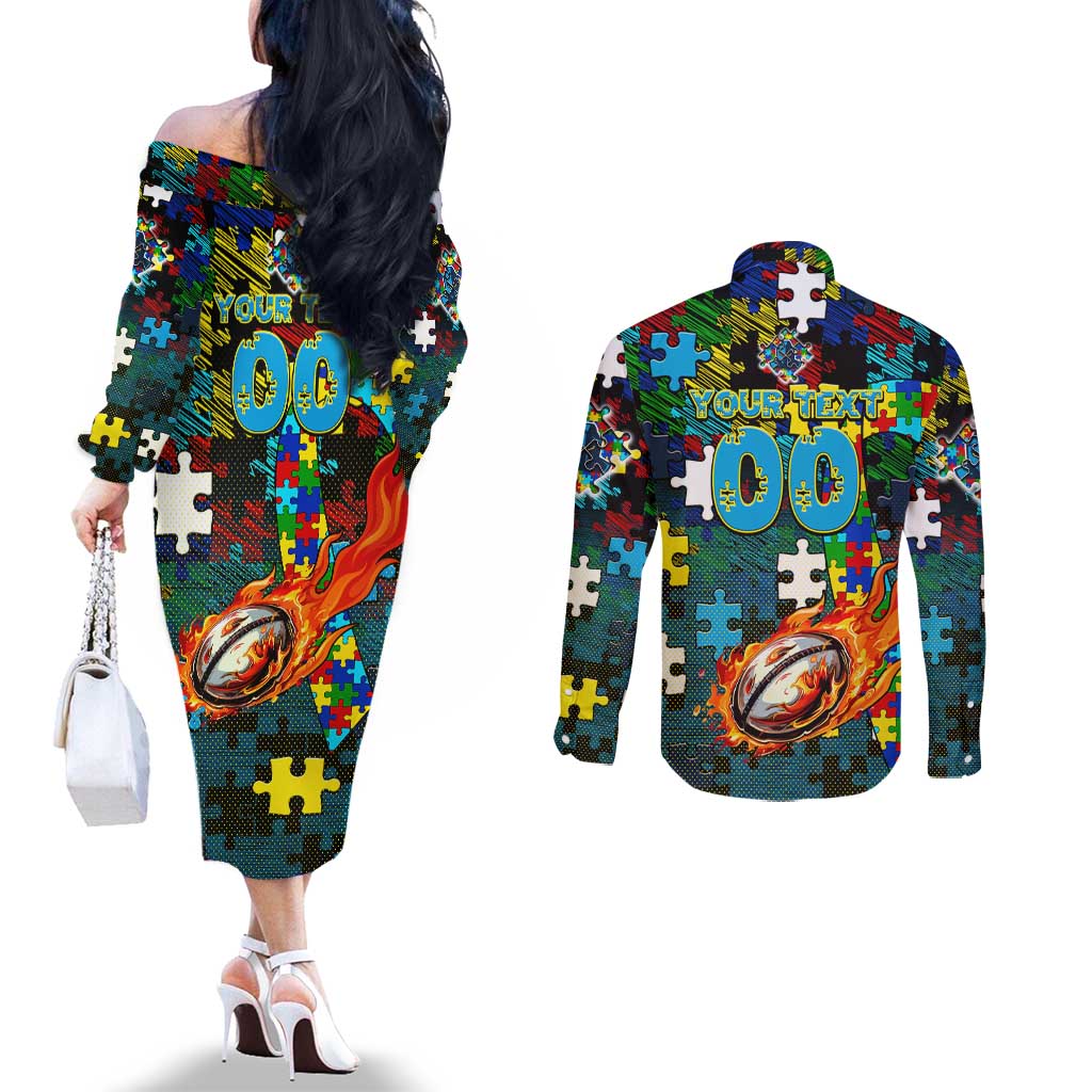 Titans Autism Awareness Couples Matching Off The Shoulder Long Sleeve Dress and Long Sleeve Button Shirt Puzzle Flames Rugby Ball