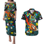 Titans Autism Awareness Couples Matching Puletasi and Hawaiian Shirt Puzzle Flames Rugby Ball
