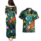 Titans Autism Awareness Couples Matching Puletasi and Hawaiian Shirt Puzzle Flames Rugby Ball