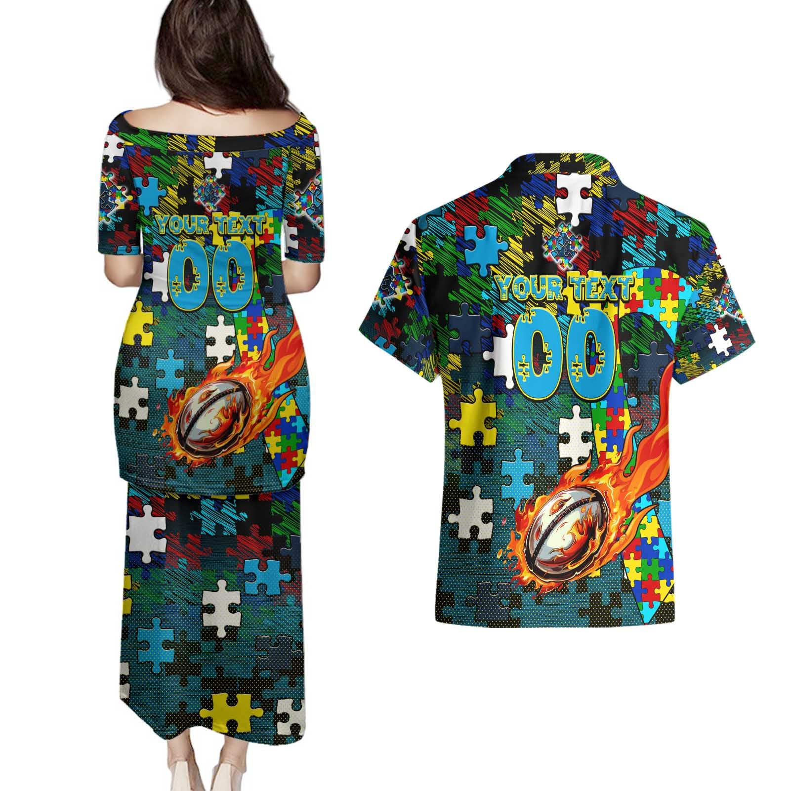 Titans Autism Awareness Couples Matching Puletasi and Hawaiian Shirt Puzzle Flames Rugby Ball