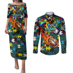 Titans Autism Awareness Couples Matching Puletasi and Long Sleeve Button Shirt Puzzle Flames Rugby Ball