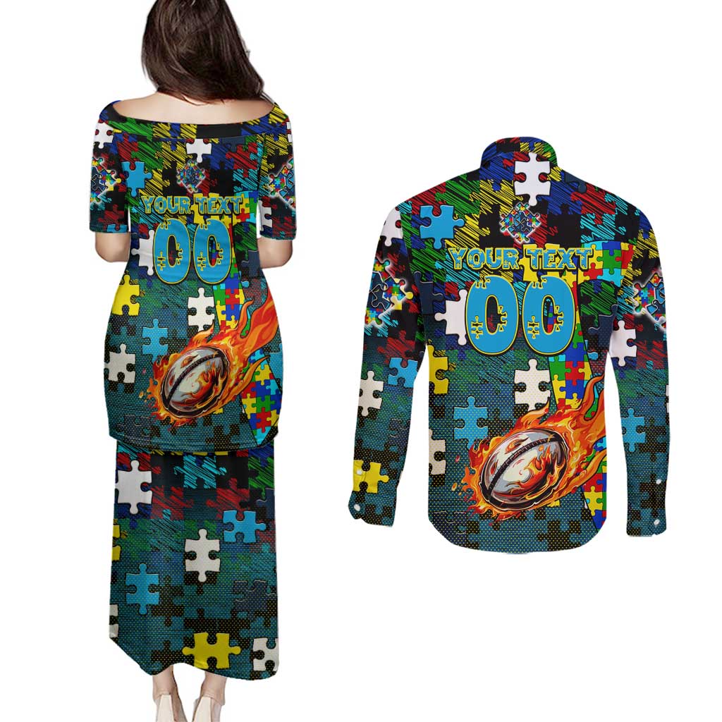 Titans Autism Awareness Couples Matching Puletasi and Long Sleeve Button Shirt Puzzle Flames Rugby Ball