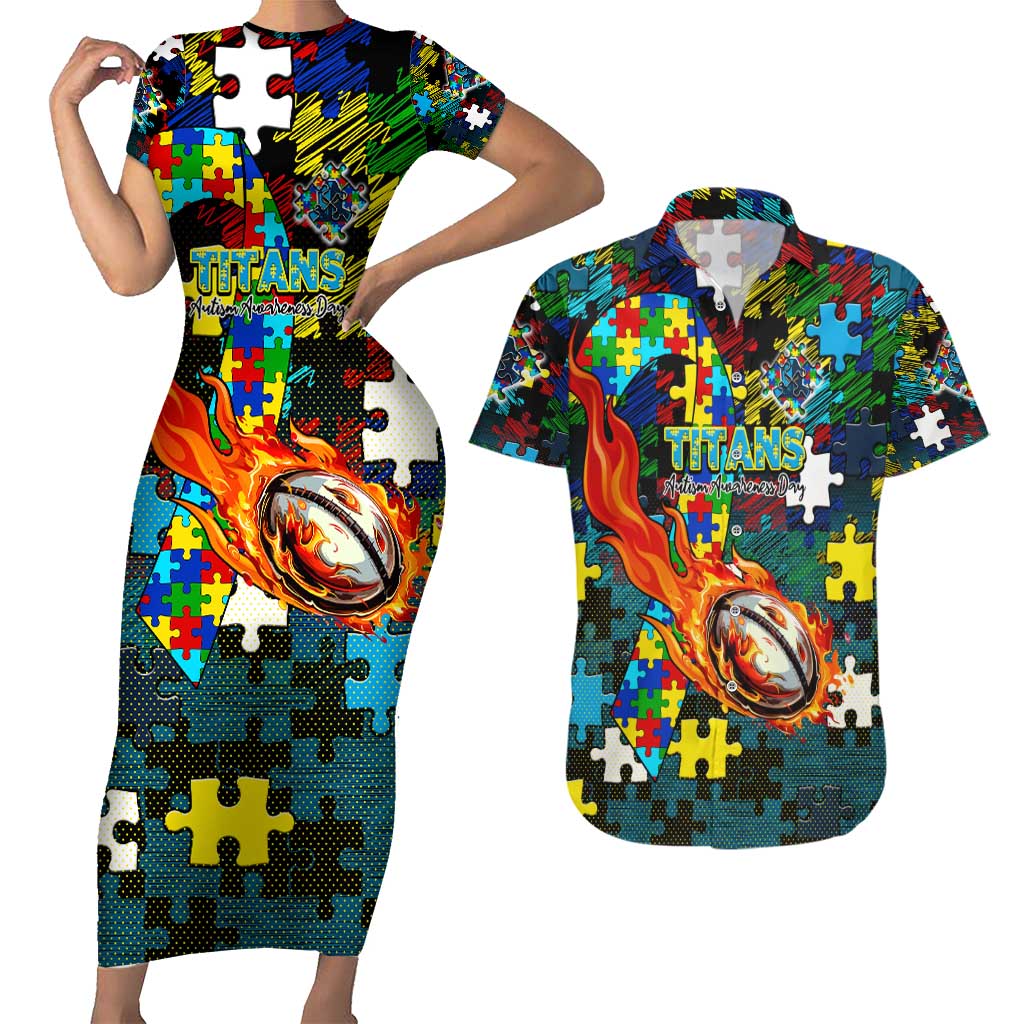 Titans Autism Awareness Couples Matching Short Sleeve Bodycon Dress and Hawaiian Shirt Puzzle Flames Rugby Ball