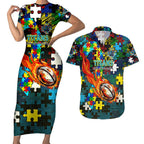 Titans Autism Awareness Couples Matching Short Sleeve Bodycon Dress and Hawaiian Shirt Puzzle Flames Rugby Ball