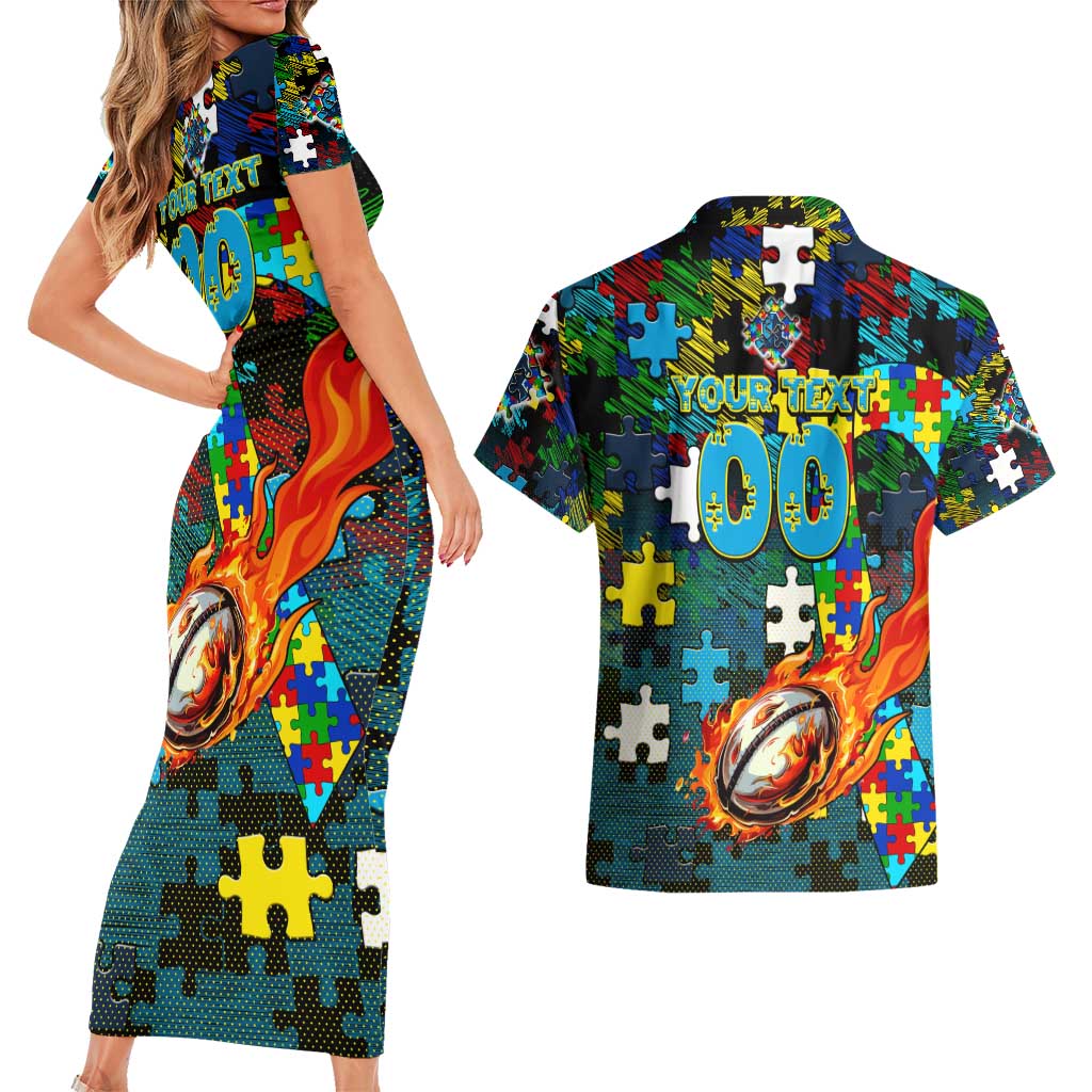Titans Autism Awareness Couples Matching Short Sleeve Bodycon Dress and Hawaiian Shirt Puzzle Flames Rugby Ball