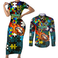 Titans Autism Awareness Couples Matching Short Sleeve Bodycon Dress and Long Sleeve Button Shirt Puzzle Flames Rugby Ball