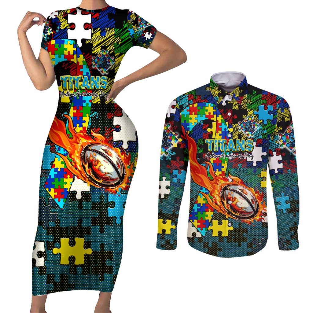 Titans Autism Awareness Couples Matching Short Sleeve Bodycon Dress and Long Sleeve Button Shirt Puzzle Flames Rugby Ball