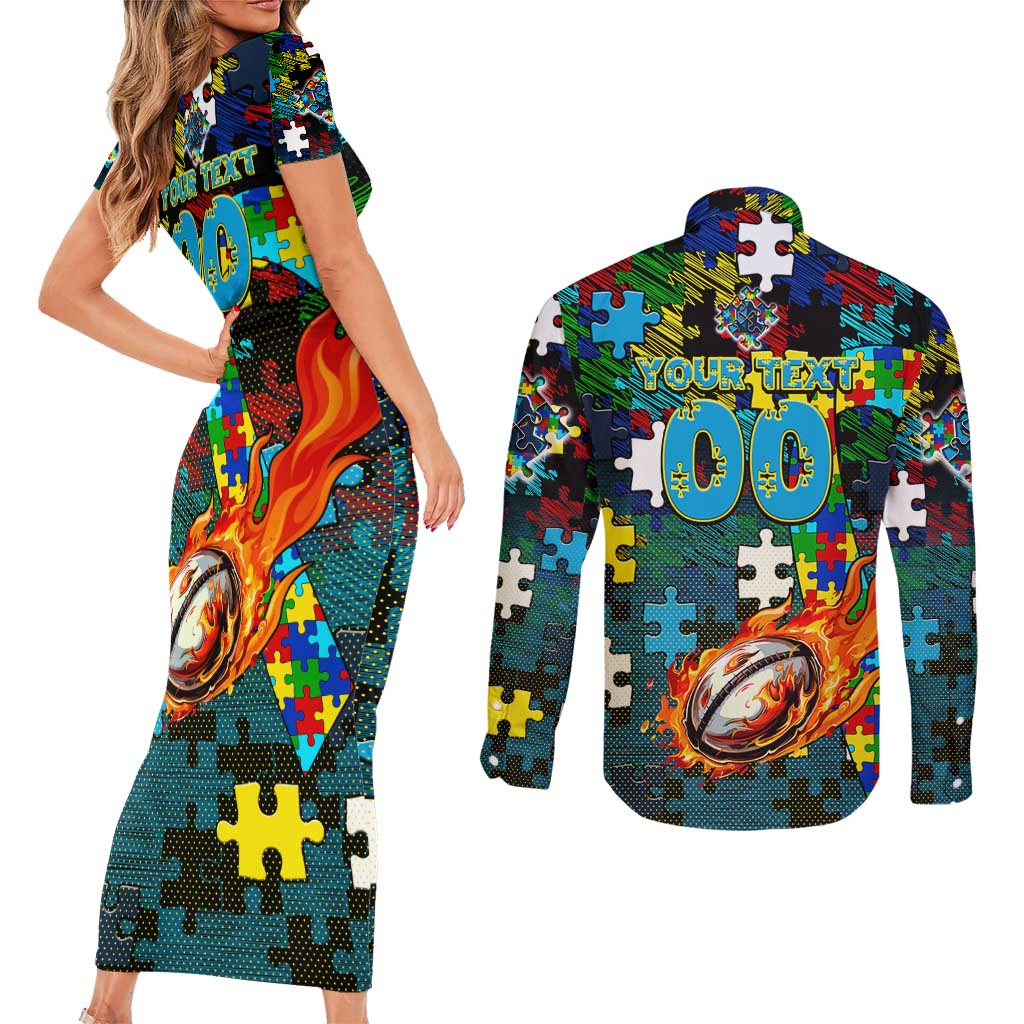Titans Autism Awareness Couples Matching Short Sleeve Bodycon Dress and Long Sleeve Button Shirt Puzzle Flames Rugby Ball